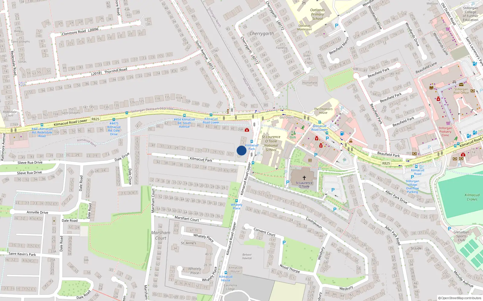 Overhead map showing the location of 7 Kilmacud Road Upper, Blackrock