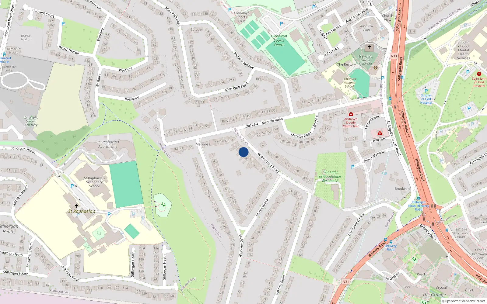 Overhead map showing the location of 7 Waltersland Road, Stillorgan, Dublin
