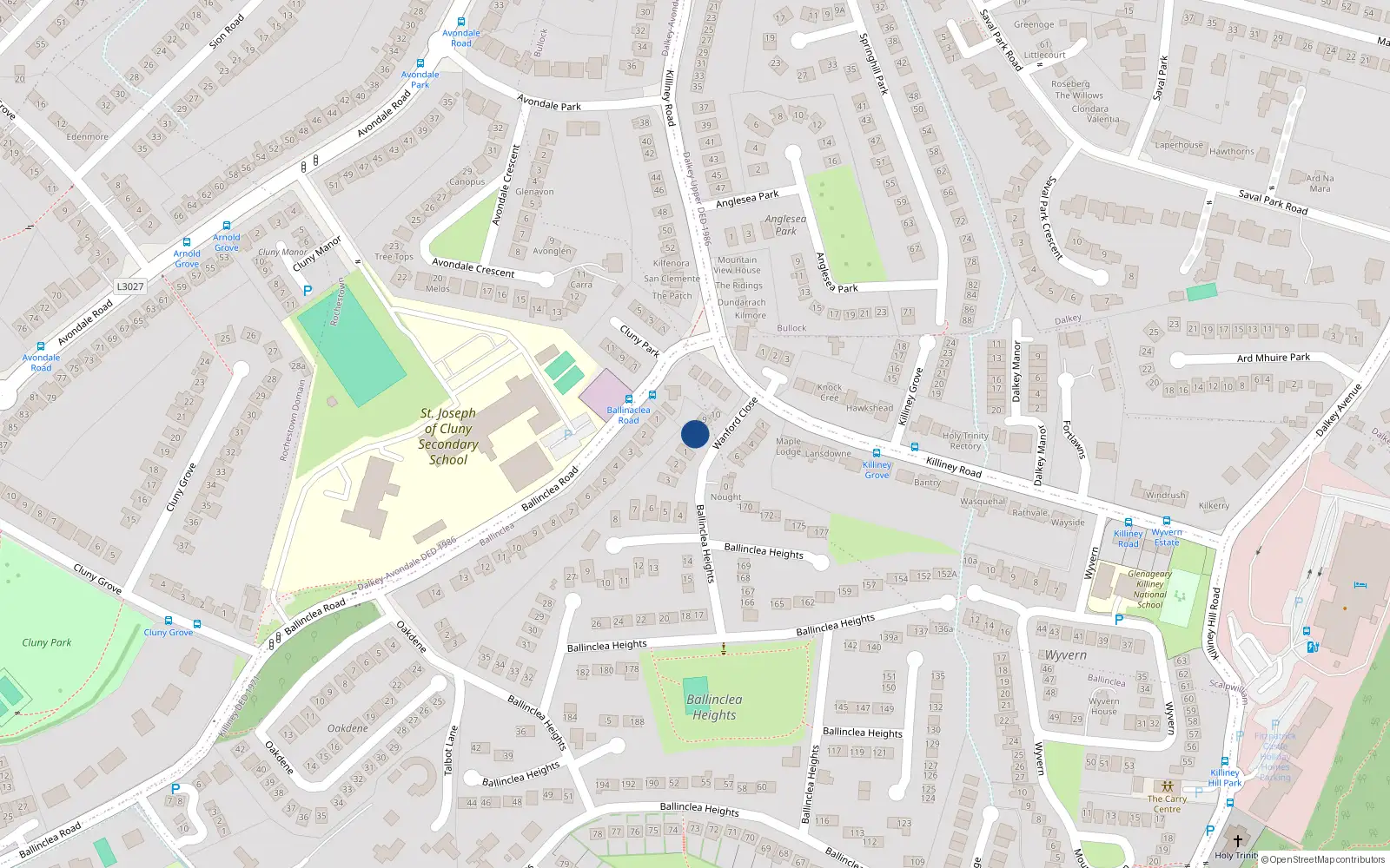 Overhead map showing the location of 7 Wanford Close, Killiney Road, Killiney