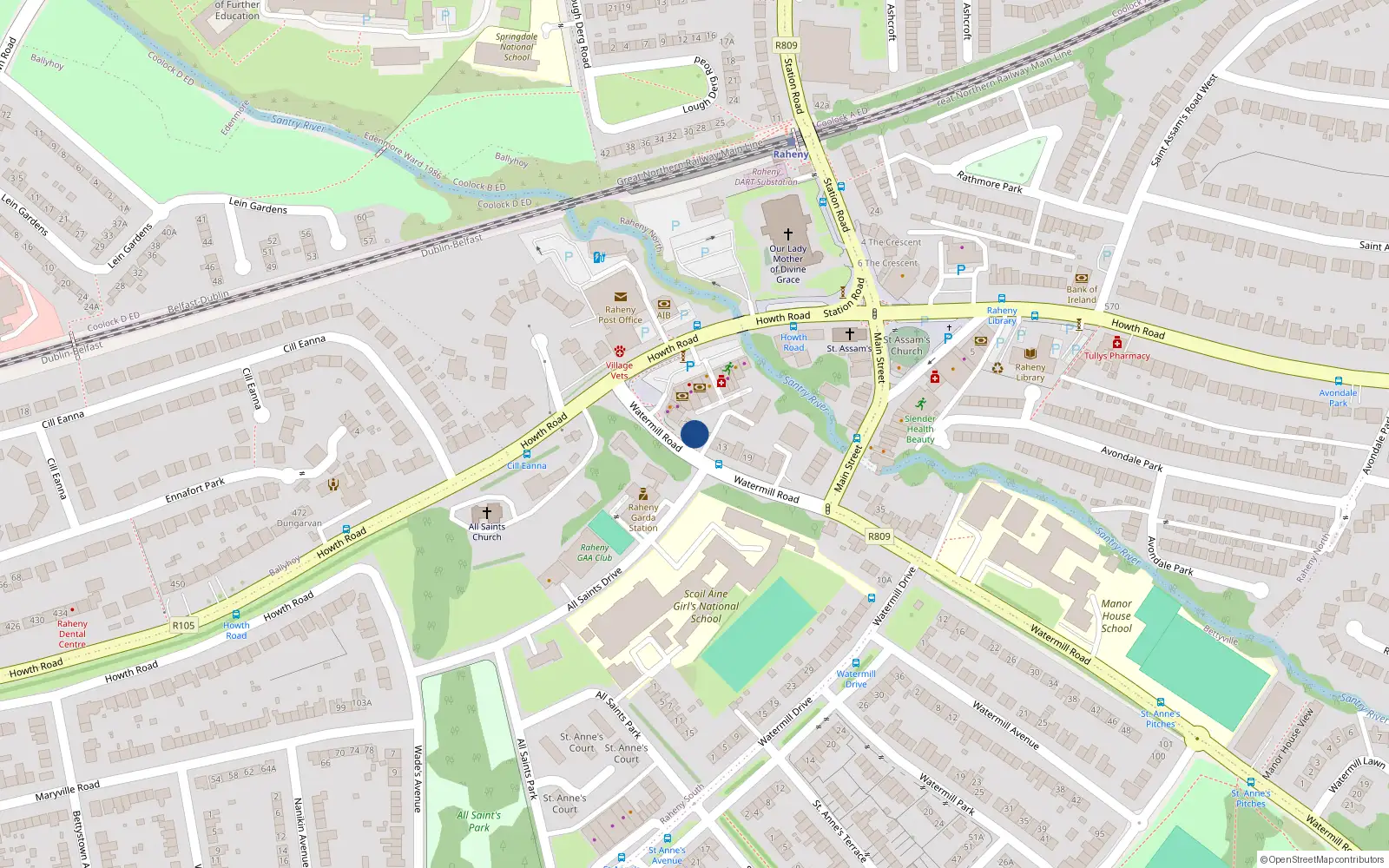 Overhead map showing the location of 7 Watermill Road, Raheny, Dublin 5