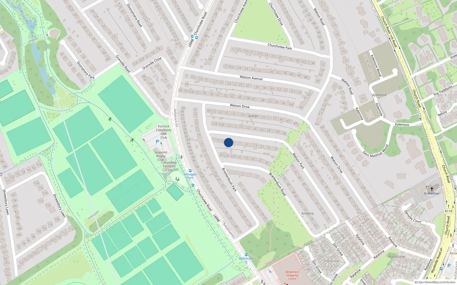 Overhead map showing the location of 7 Watson Park, Killiney