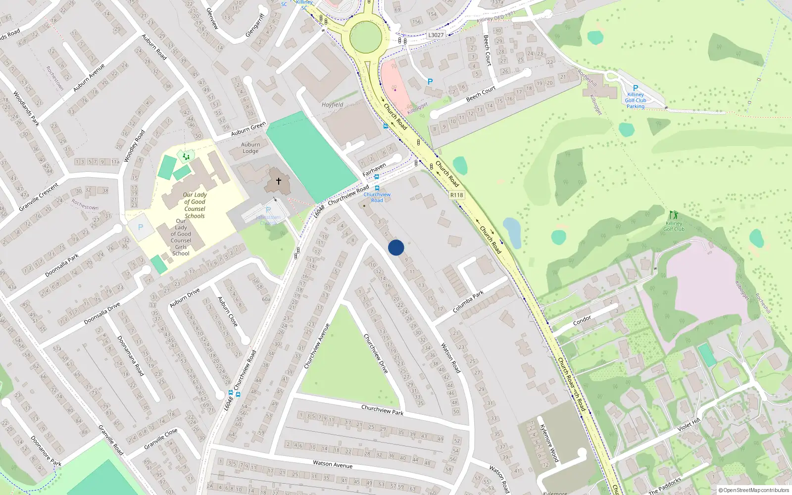Overhead map showing the location of 7 Watson Road, Killiney, Dublin