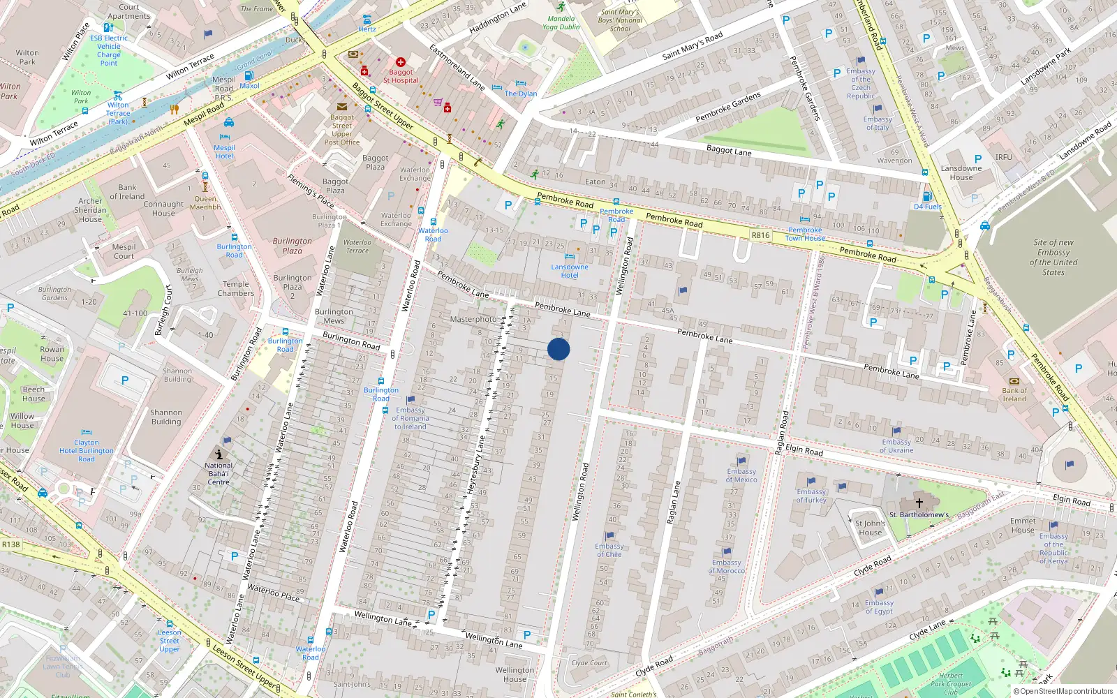 Overhead map showing the location of 7 Wellington Road, Dublin 4