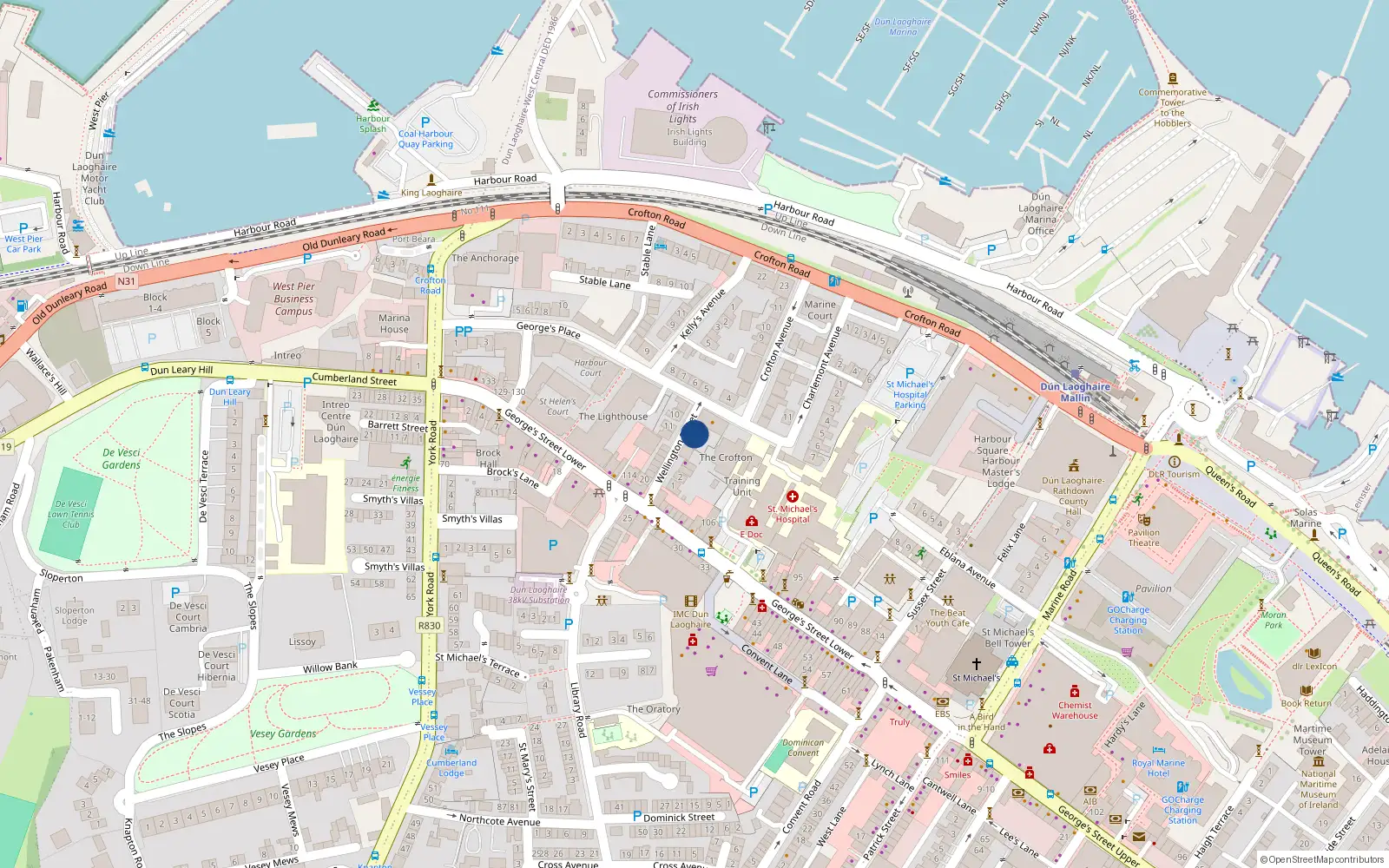 Overhead map showing the location of 7 Wellington St, Dun Laoghaire, Dublin