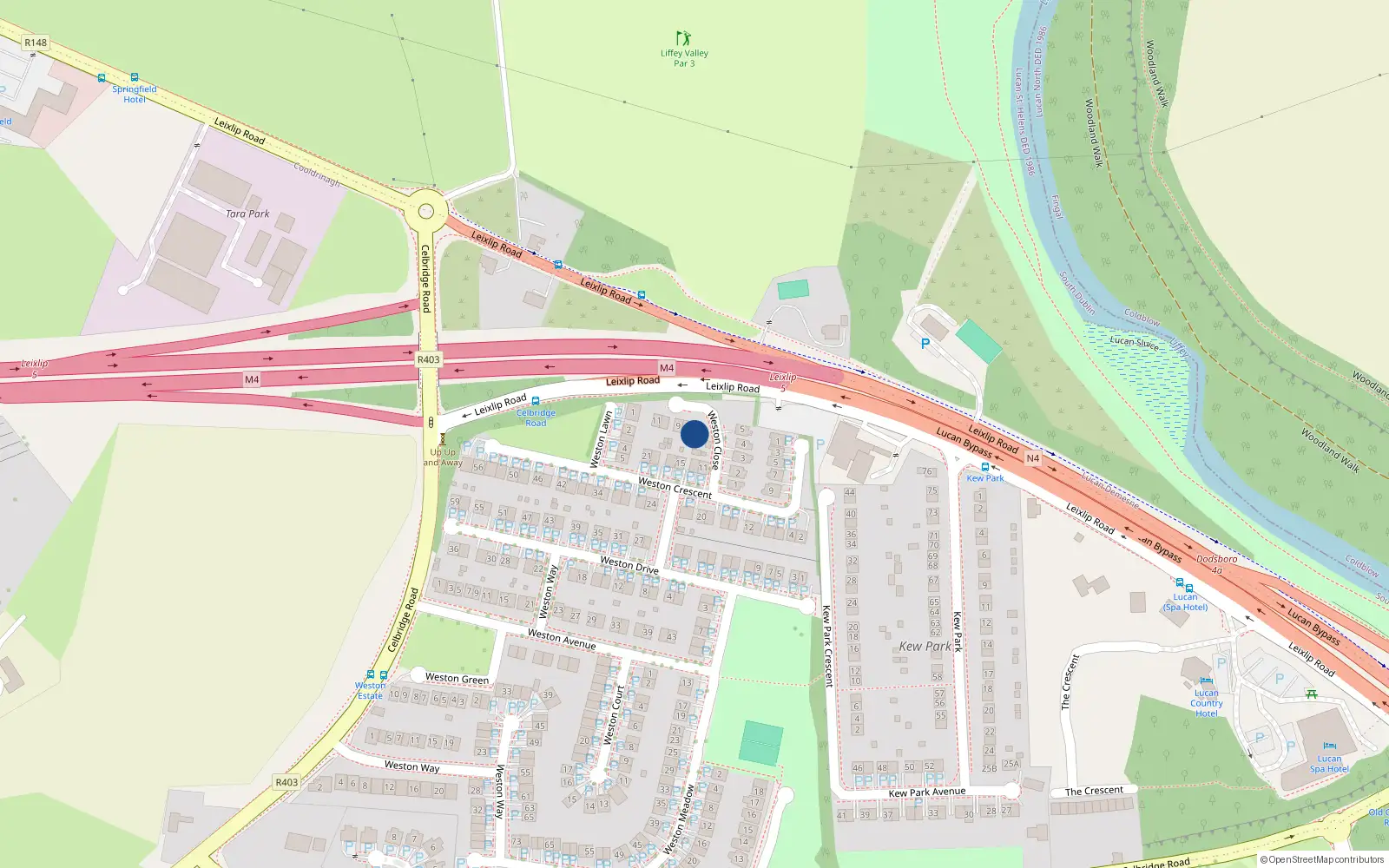 Overhead map showing the location of 7 Weston Close, Lucan