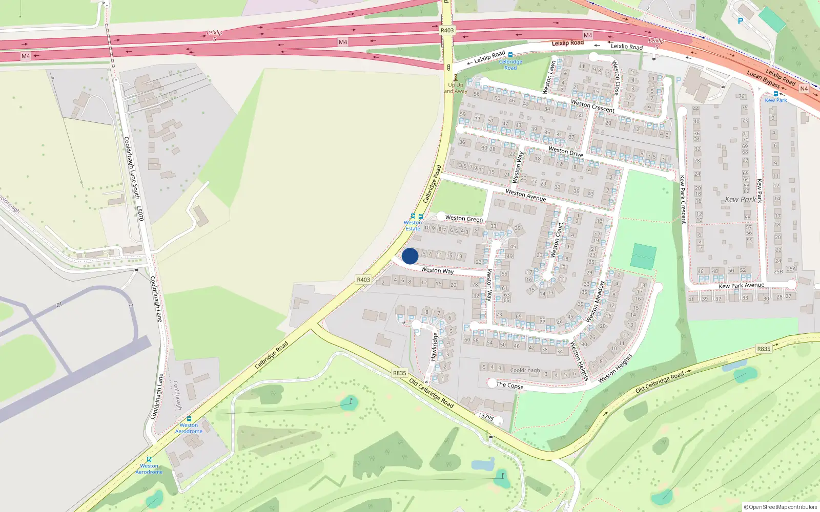 Overhead map showing the location of 7 Weston Way, Lucan