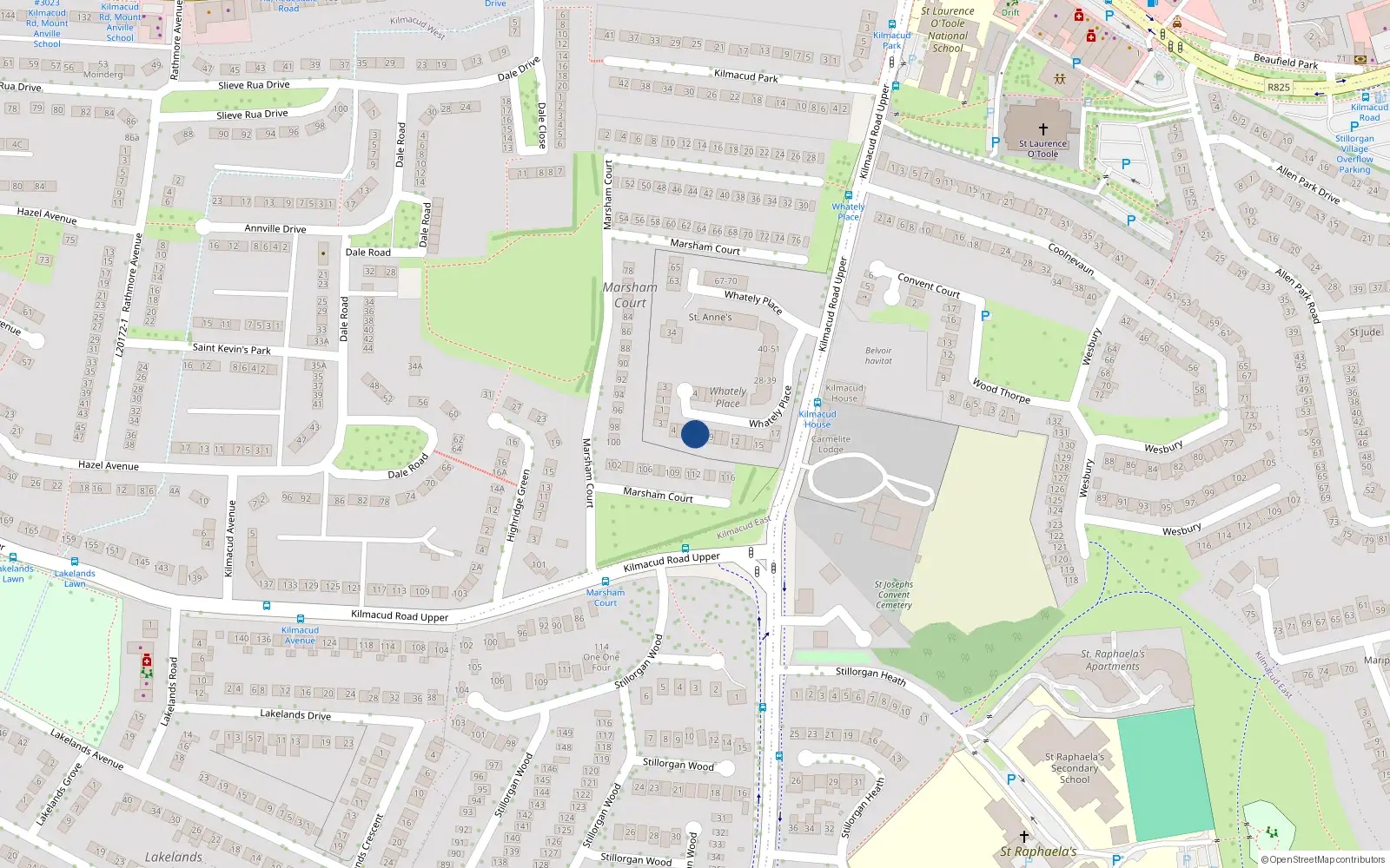 Overhead map showing the location of 7 Whately Place, Upper Kilmacud Road, Stillorgan