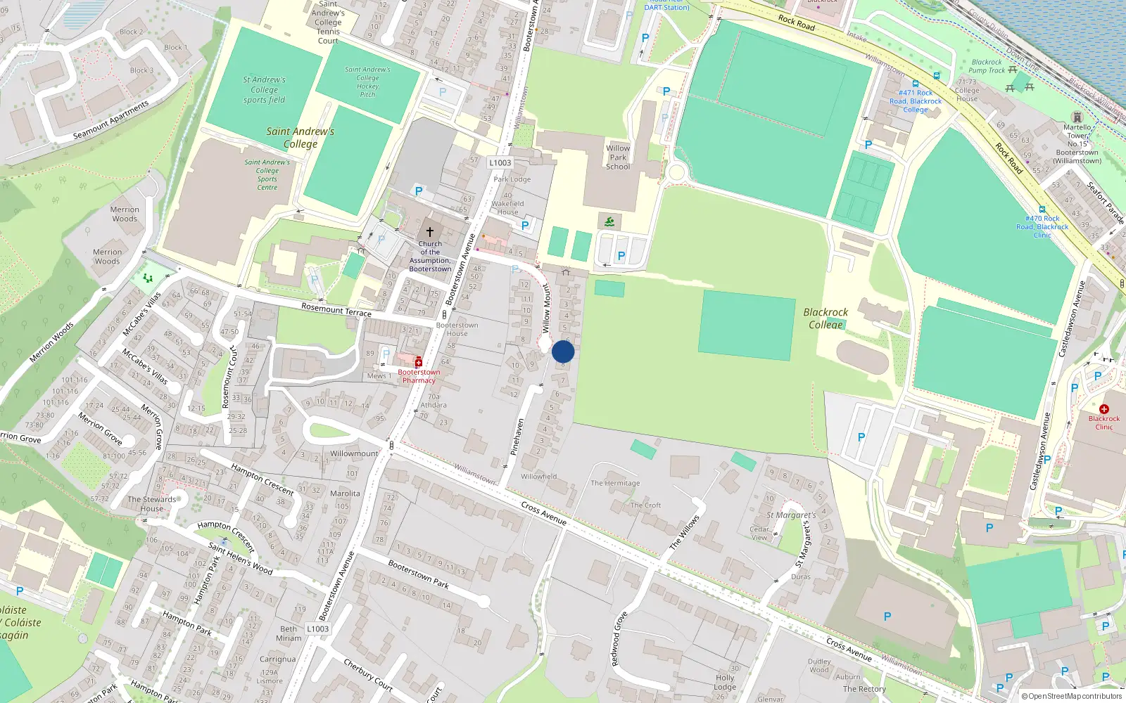 Overhead map showing the location of 7 Willowmount, Booterstown Avenue, Blackrock