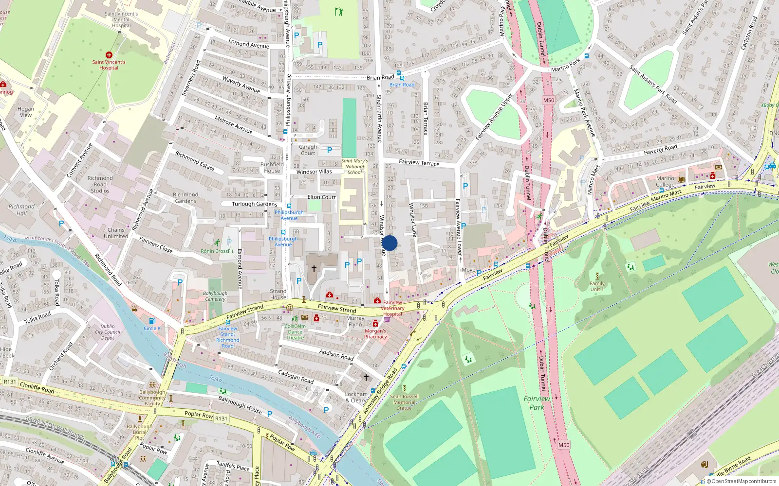Overhead map showing the location of 7 Windsor Avenue, Fairview, Dublin 3