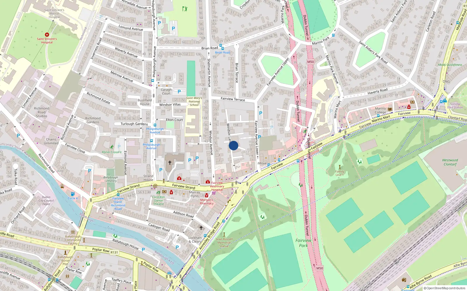 Overhead map showing the location of 7 Windsor Lane, Fairview, Dublin 3