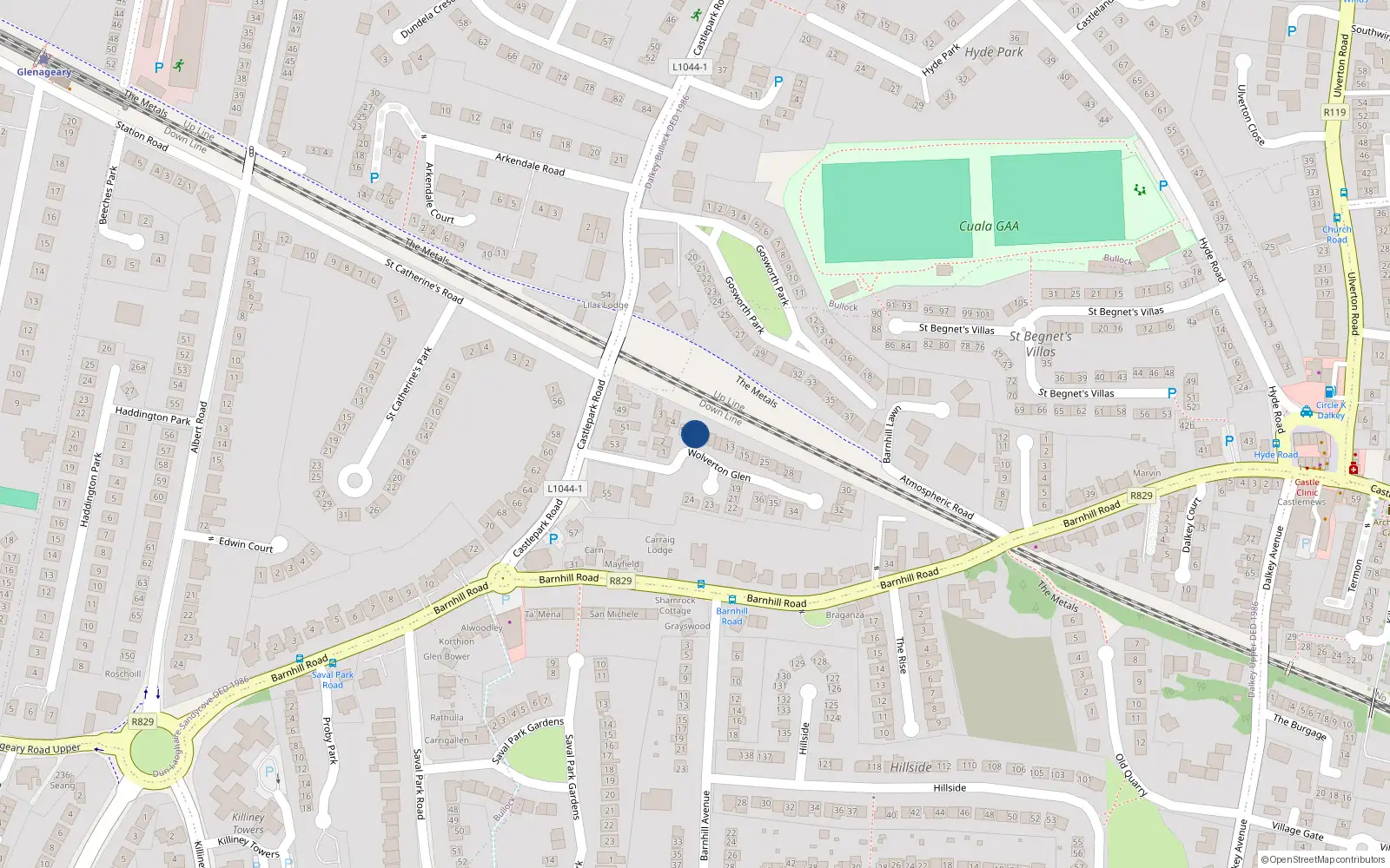 Overhead map showing the location of 7 Wolverton Glen, Dalkey