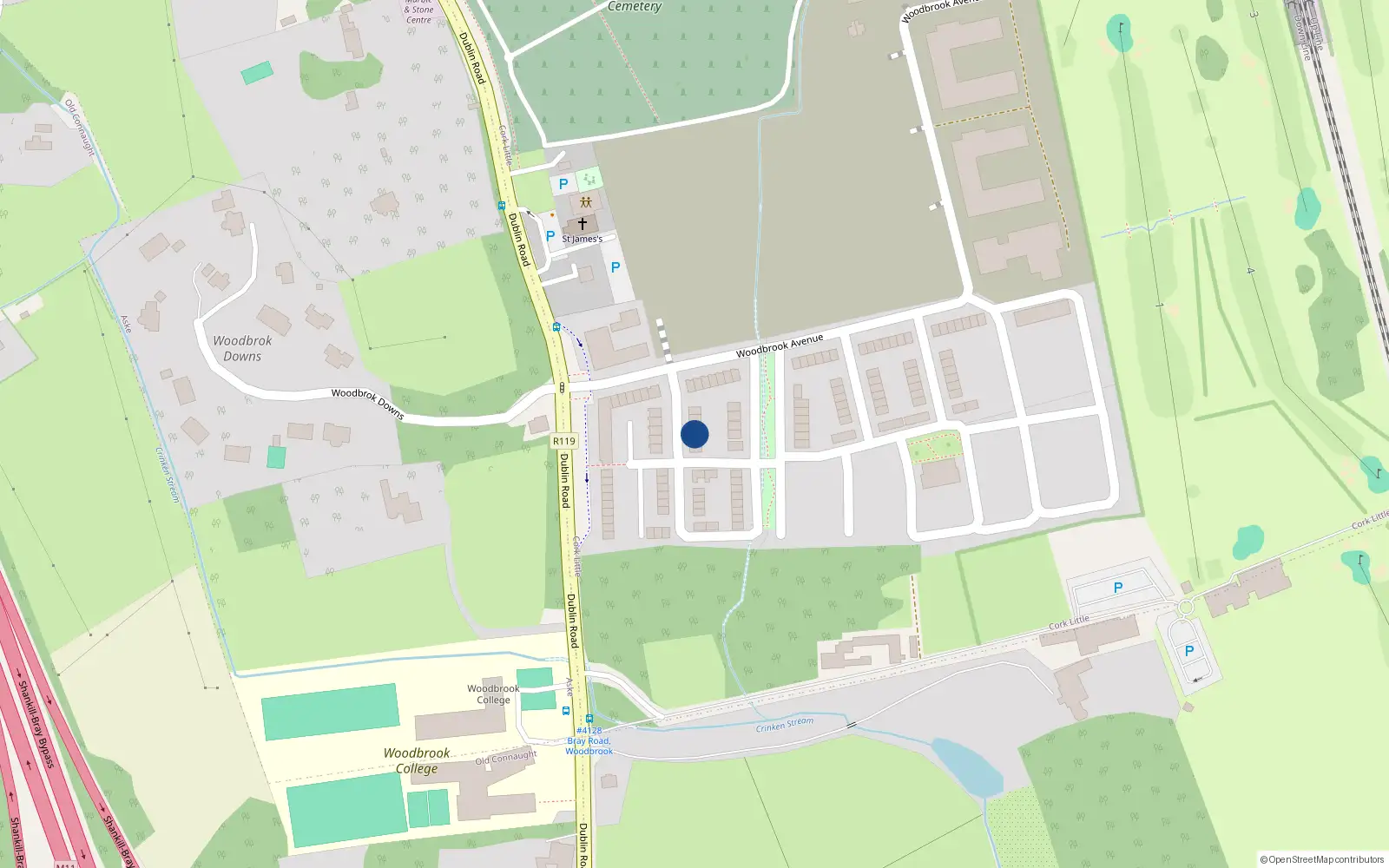 Overhead map showing the location of 7 Woodbrook Way, Bray