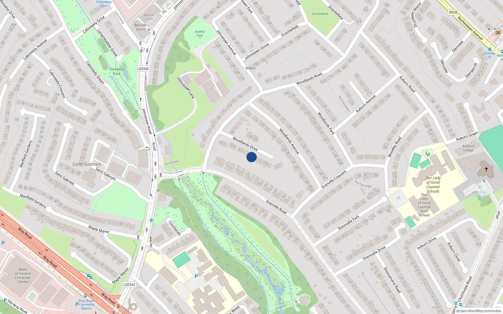 Overhead map showing the location of 7 Woodlands Drive, Dun Laoghaire, Dublin