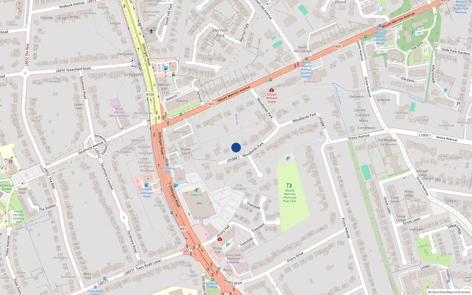 Overhead map showing the location of 7 Woodlands Park, Blackrock, Co Dublin