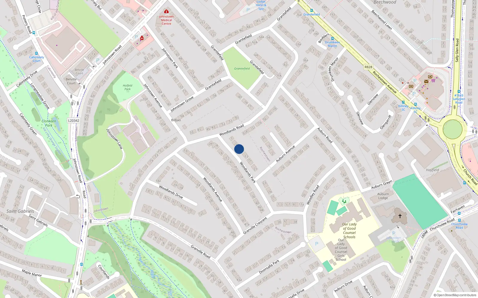 Overhead map showing the location of 7 Woodlands Park, Dun Laoghaire, Dublin