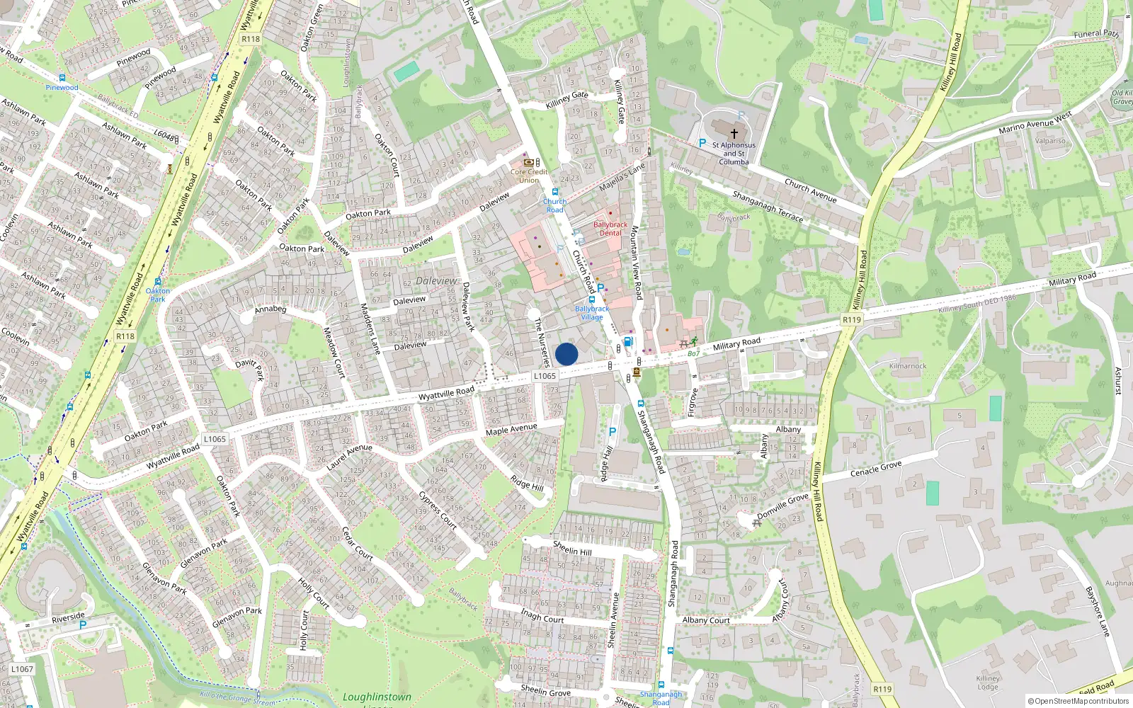 Overhead map showing the location of 7 Wyattville Road, Ballybrack, Dublin