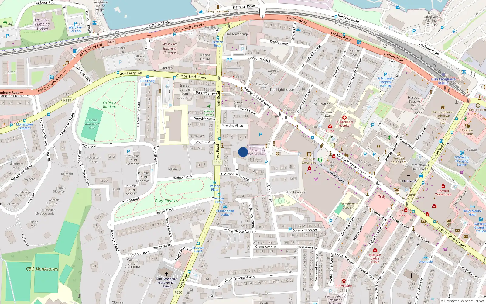 Overhead map showing the location of 7 York Court, York Road, Dun Laoghaire