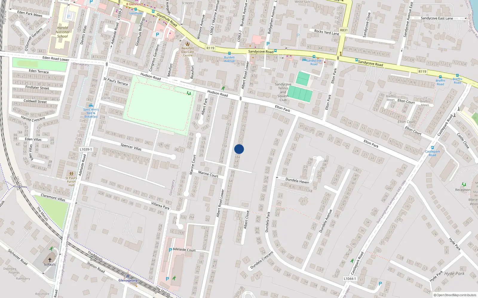 Overhead map showing the location of 70 Albert Road Lower, Sandycove, Dublin