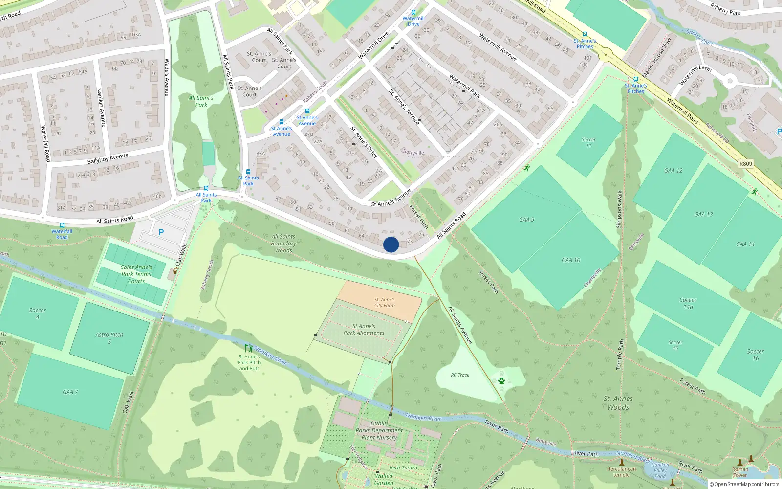 Overhead map showing the location of 70 All Saints Road, Dublin 5