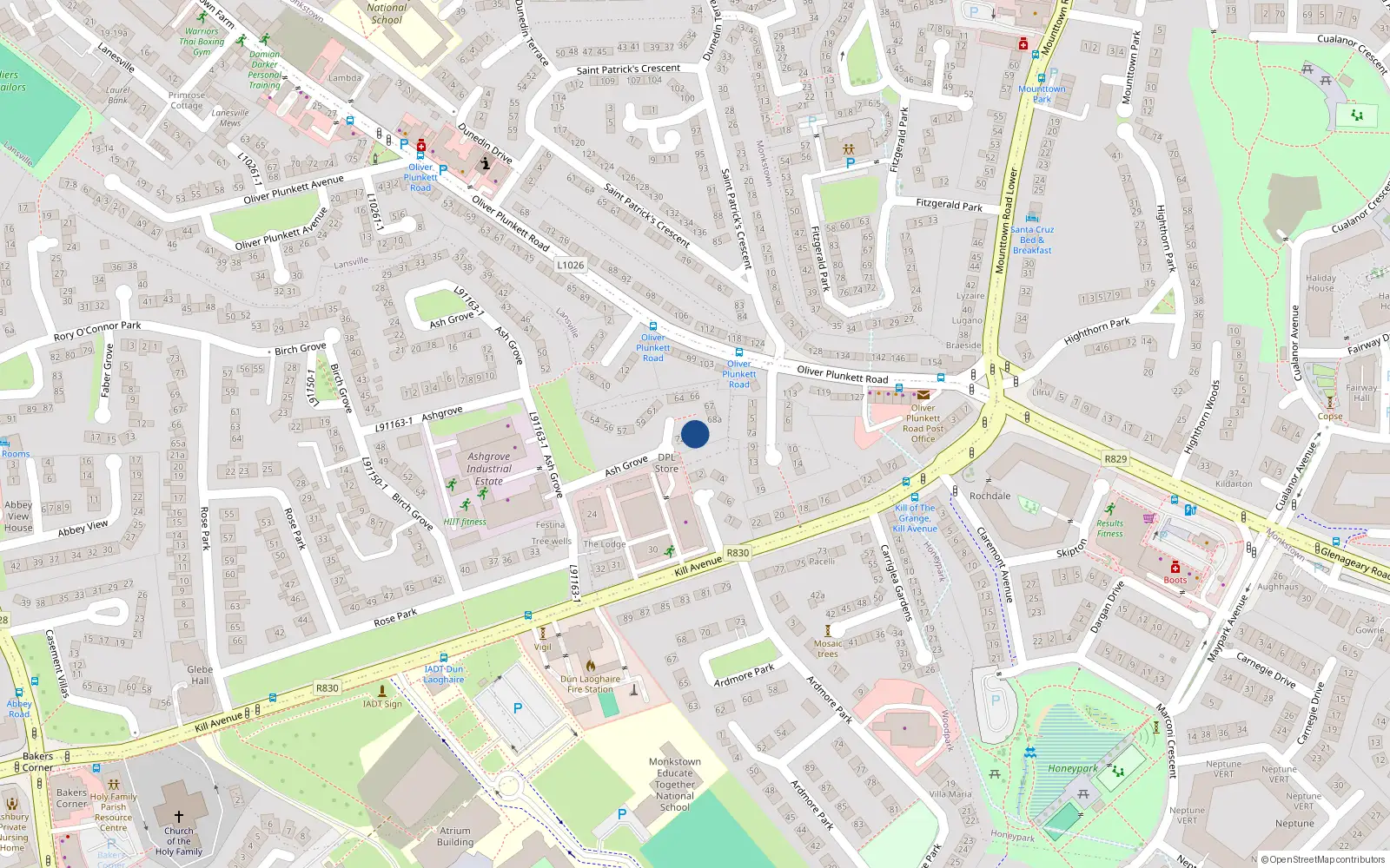 Overhead map showing the location of 70 Ash Grove, Kill Avenue, Dun Laoghaire