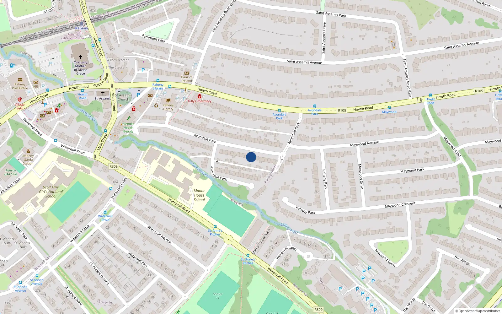 Overhead map showing the location of 70 Avondale Park, Raheny, Dublin 5