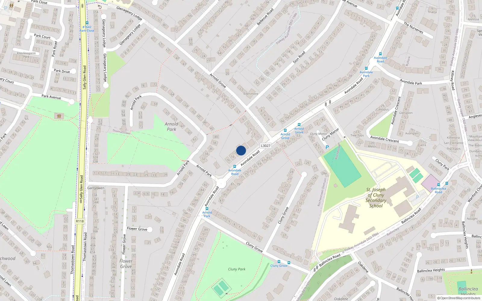 Overhead map showing the location of 70 Avondale Road, Killiney, Co Dublin