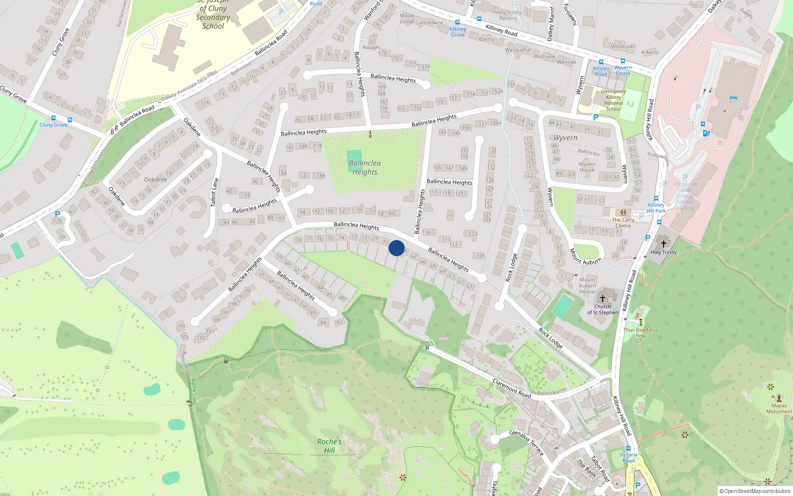 Overhead map showing the location of 70 Ballinclea Heights, Killiney