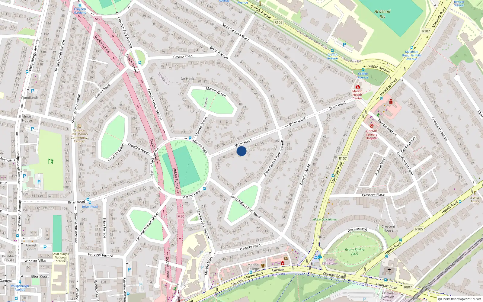 Overhead map showing the location of 70 Brian Road, Dublin 3