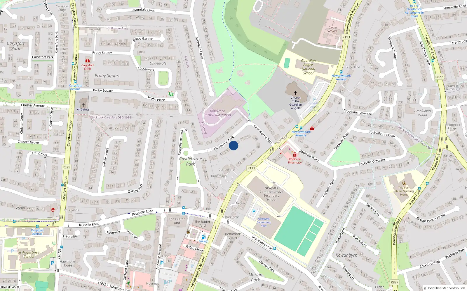 Overhead map showing the location of 70 Castlebyrne Park, Blackrock, Dublin