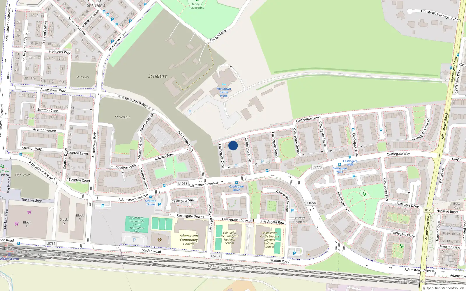 Overhead map showing the location of 70 Castlegate Grove, Adamstown, Lucan