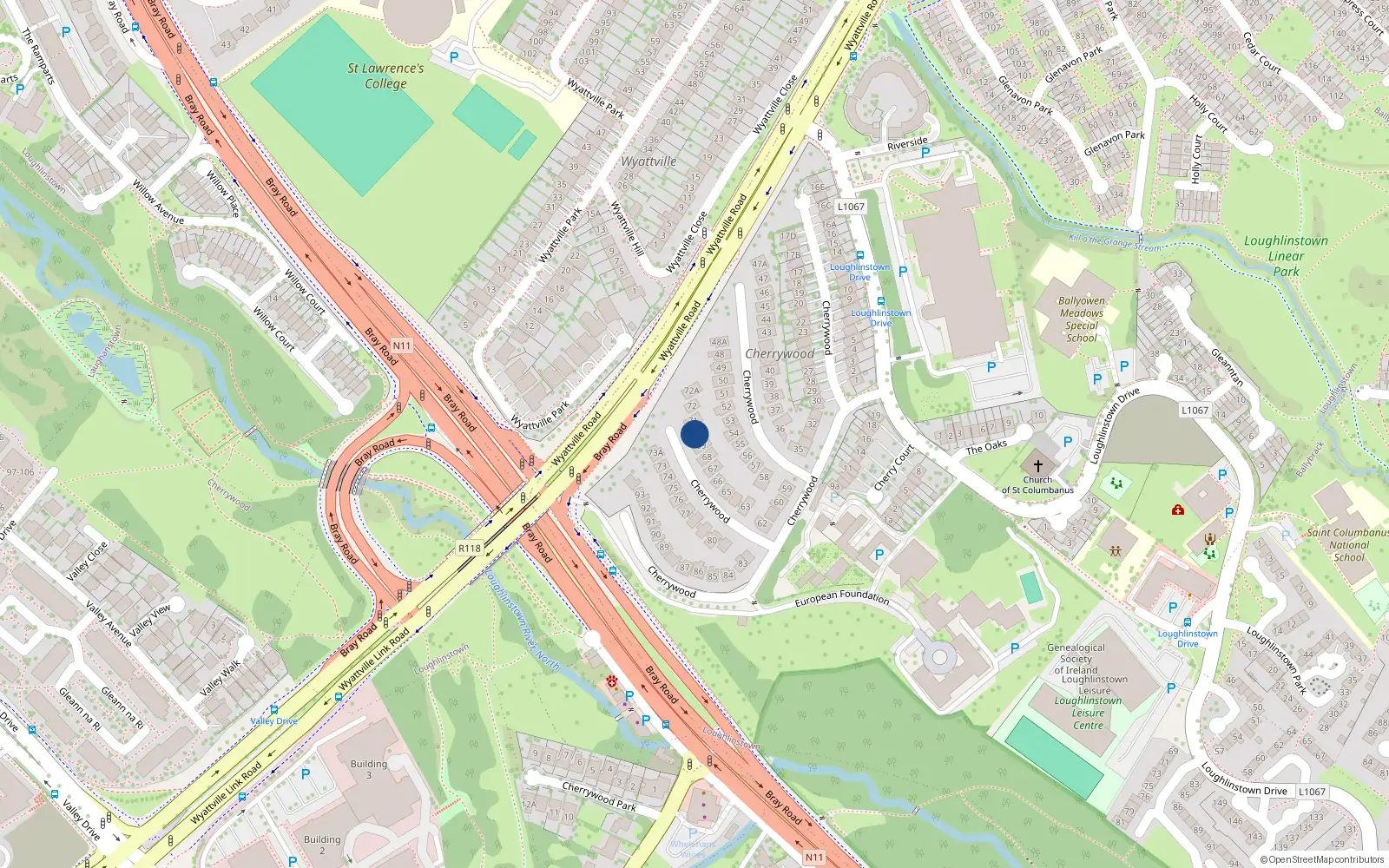 Overhead map showing the location of 70 Cherrywood, Dublin