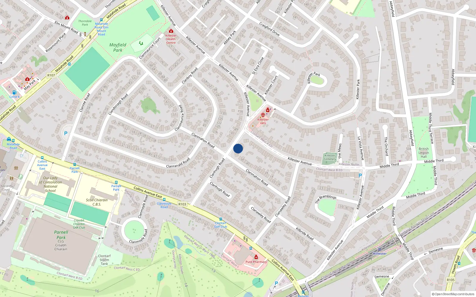 Overhead map showing the location of 70 Clanhugh Road, Donnycarney, Dublin 5