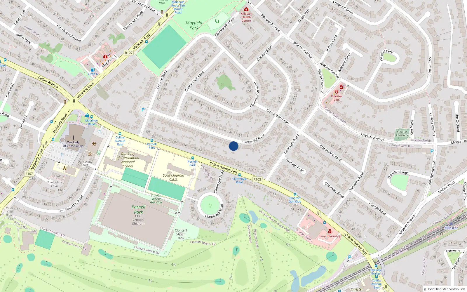 Overhead map showing the location of 70 Clanranald Road, Dublin 5