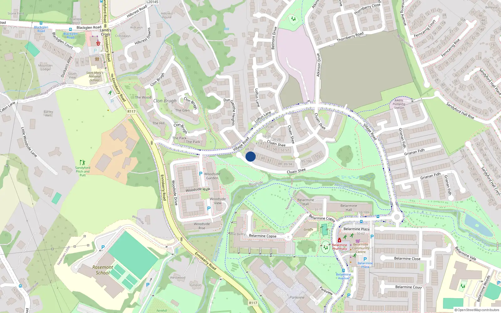 Overhead map showing the location of 70 Cluain Shee, Sandyford