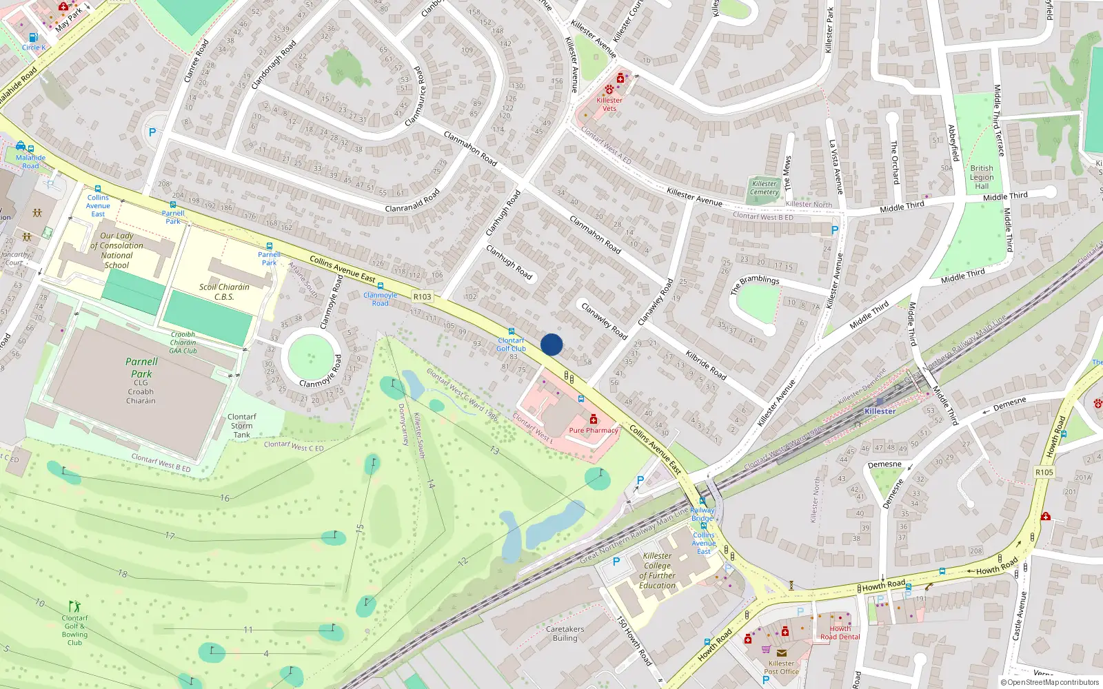 Overhead map showing the location of 70 Collins Avenue East, Killester, Dublin