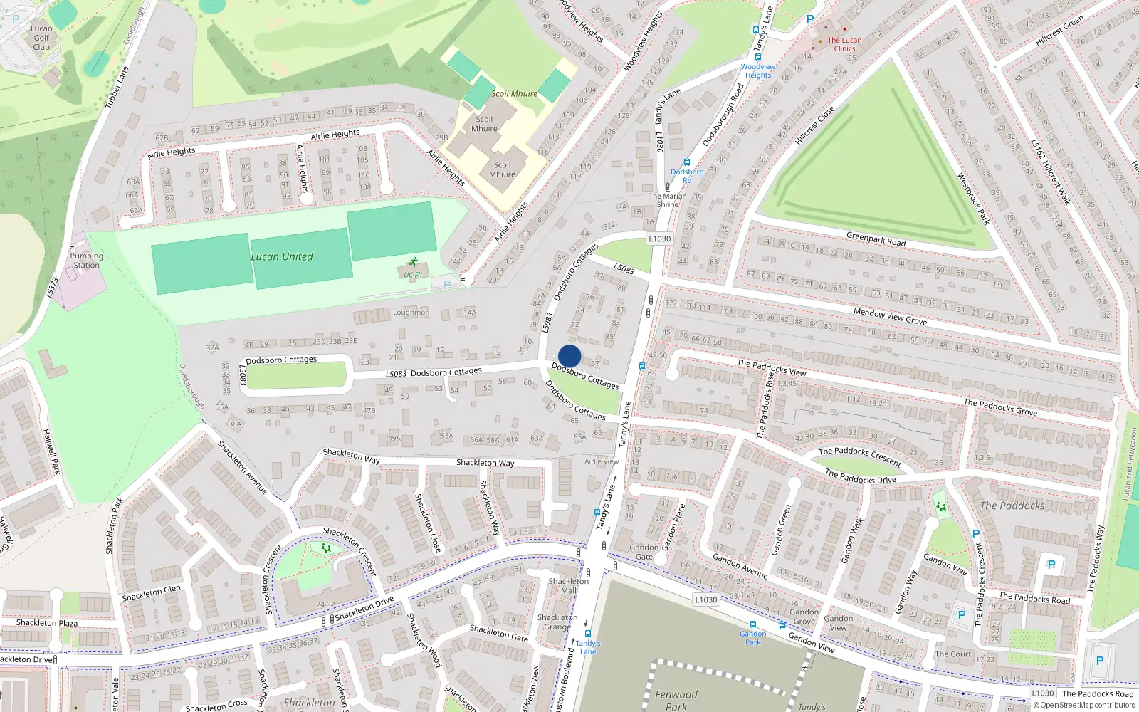 Overhead map showing the location of 70 Dodsborough Cottages, Lucan, Dublin