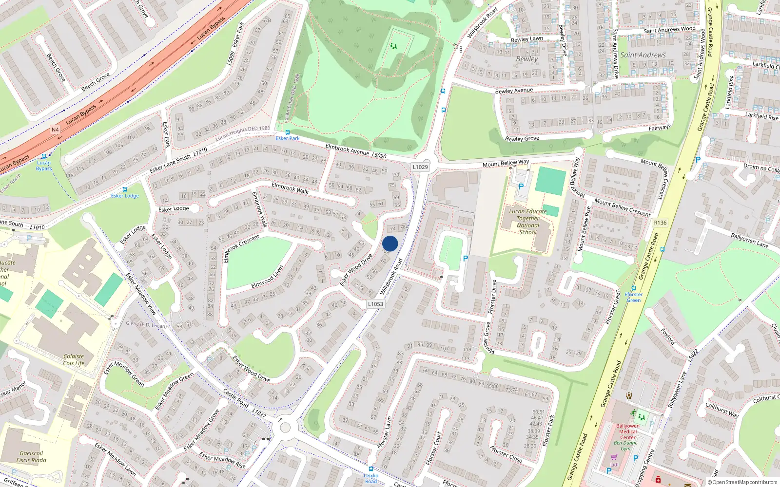 Overhead map showing the location of 70 Esker Wood Drive, Lucan