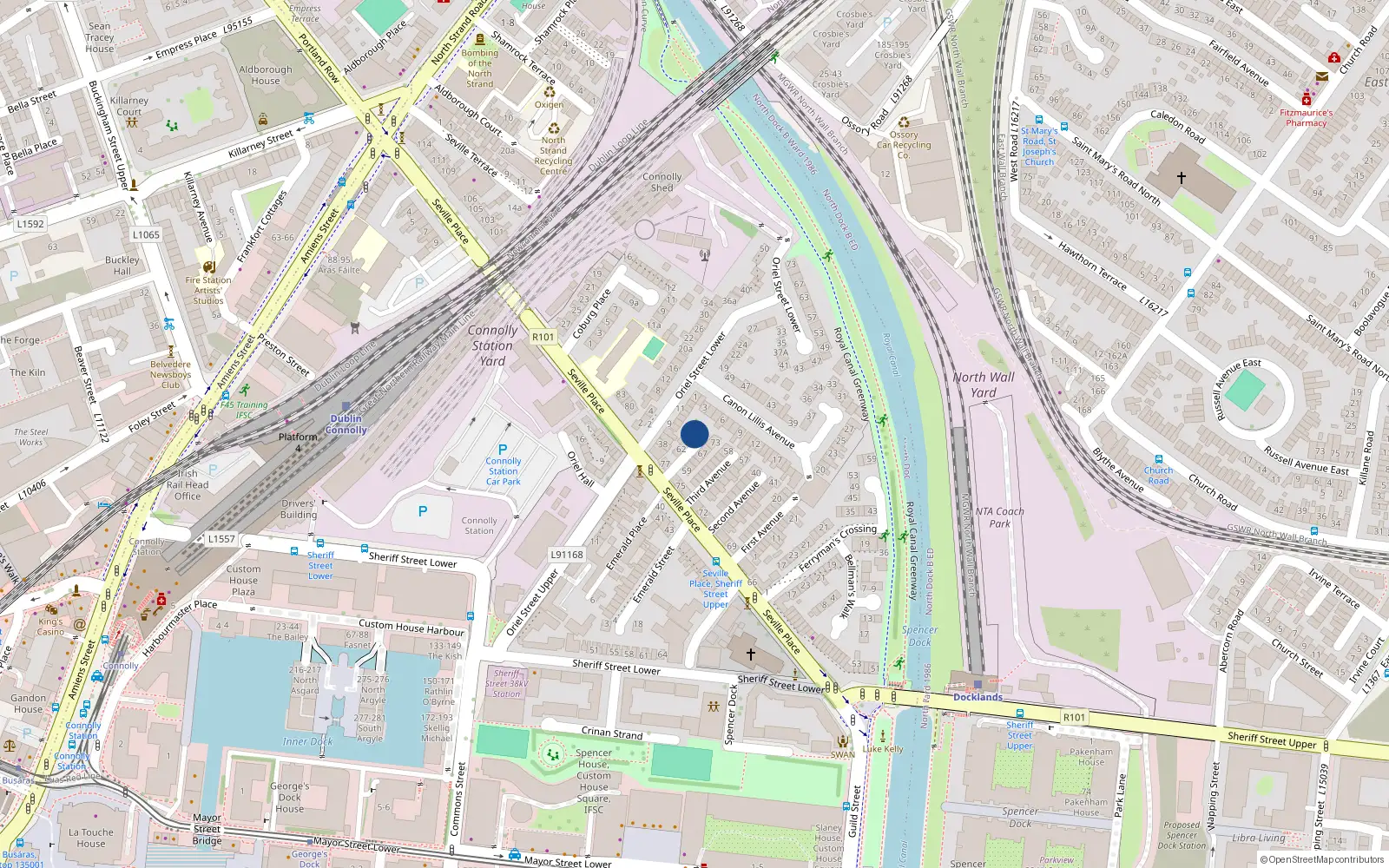 Overhead map showing the location of 70 Forth Avenue, Seville Place, Dublin 1