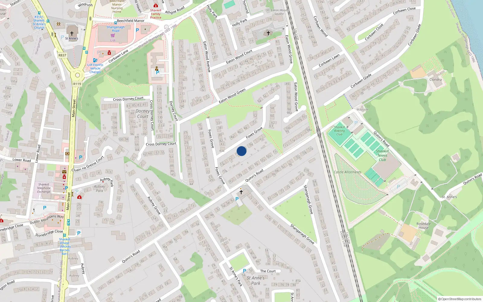 Overhead map showing the location of 70 Foxes Grove, Dublin