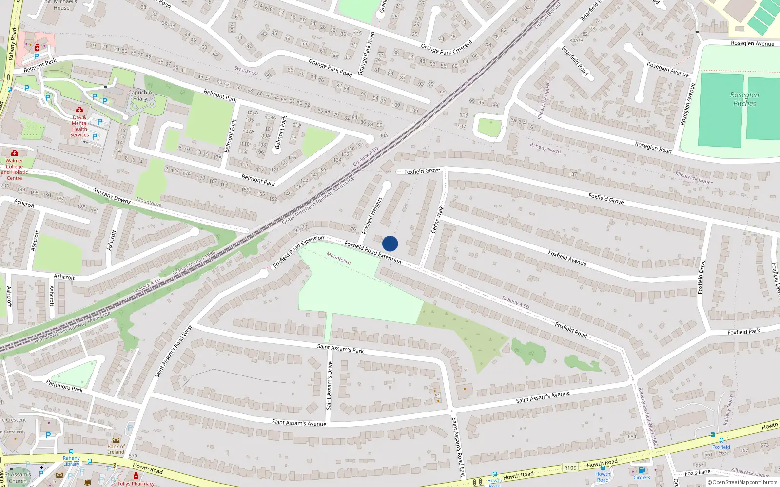 Overhead map showing the location of 70 Foxfield Road, Dublin 5
