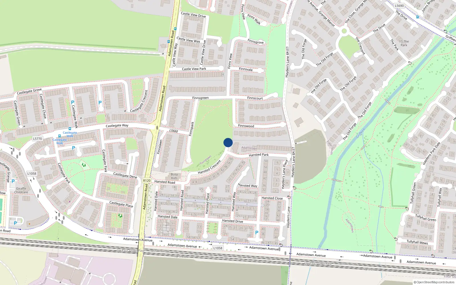 Overhead map showing the location of 70 Hanstead Crescent, Lucan