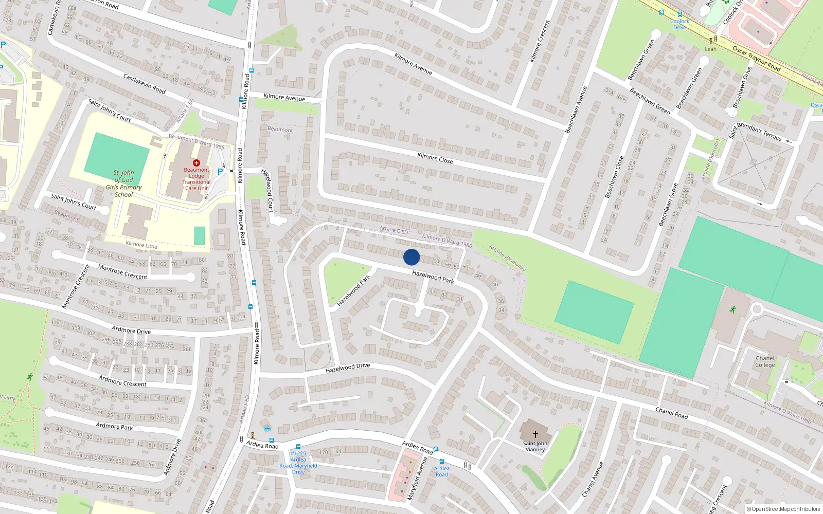 Overhead map showing the location of 70 Hazelwood Park, Artane, Dublin 5