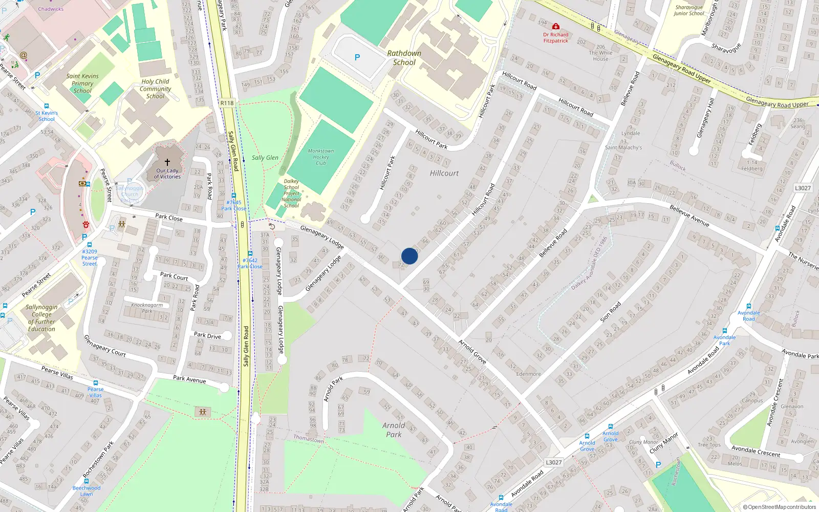 Overhead map showing the location of 70A Hillcourt Road, Dublin