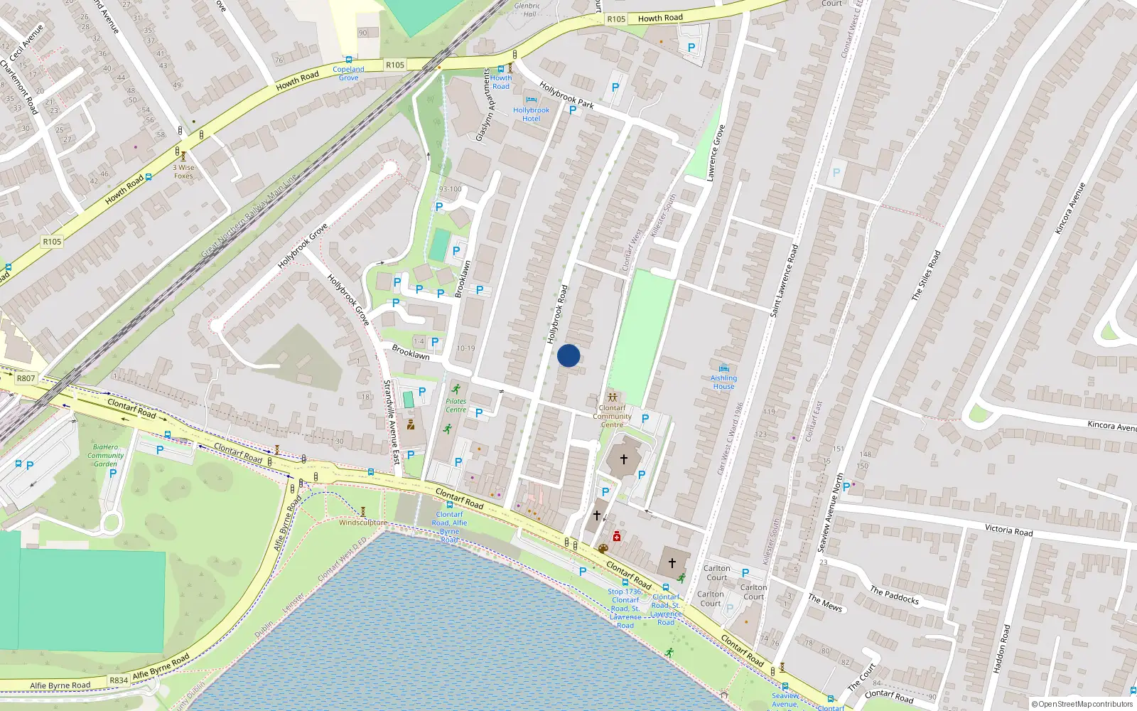 Overhead map showing the location of 70 Hollybrook Road, Dublin 3