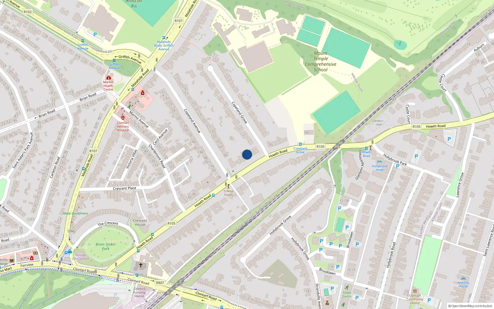 Overhead map showing the location of 70 Howth Road, Dublin 3