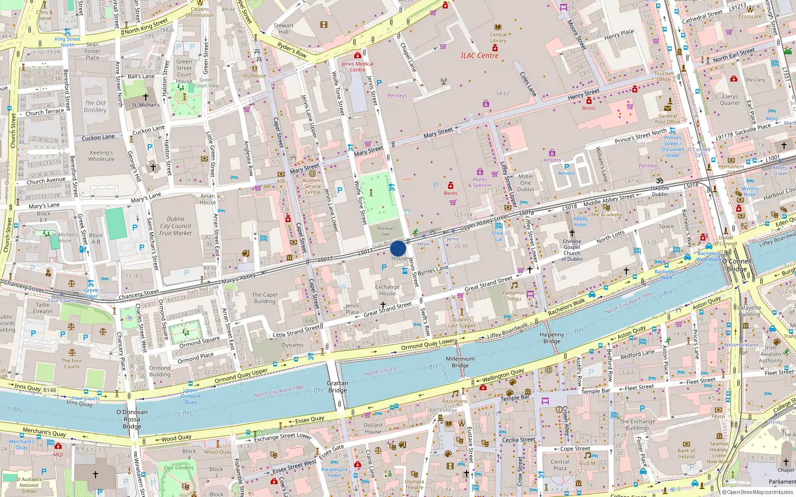 Overhead map showing the location of 70 Jervis Street, Dublin 1