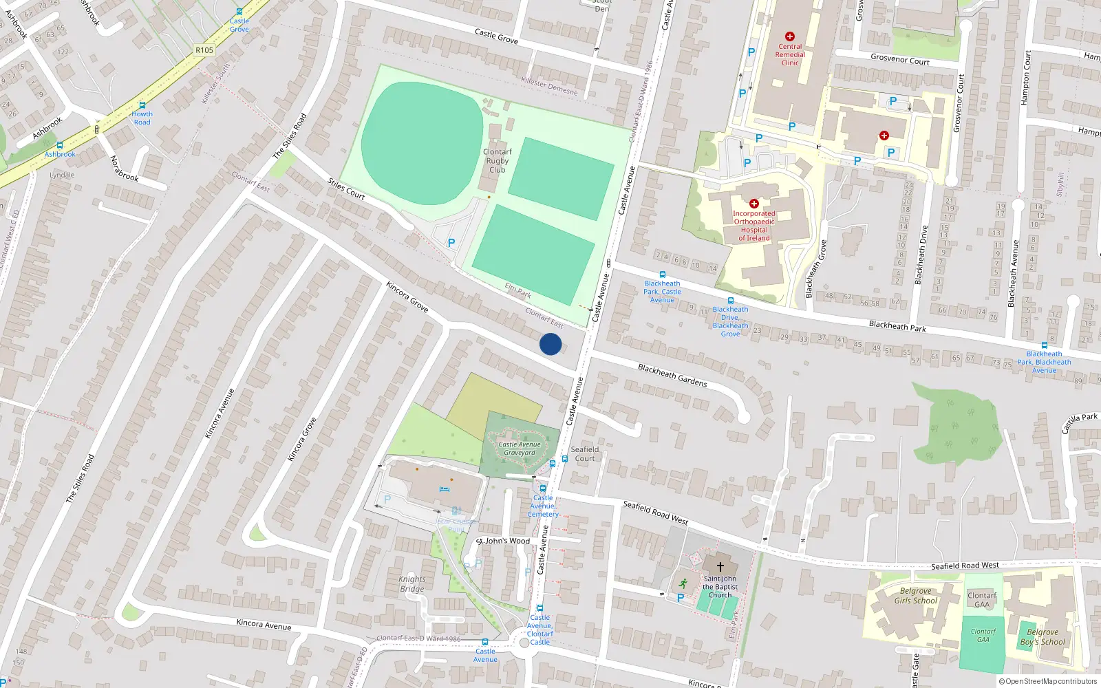 Overhead map showing the location of 70 Kincora Grove, Clontarf, Dublin 3