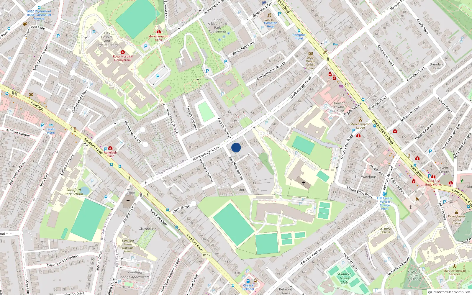 Overhead map showing the location of 70 Marlborough Road, Donnybrook