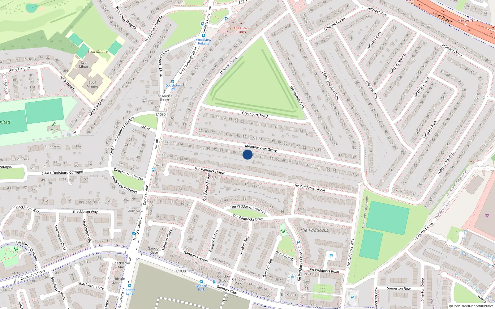 Overhead map showing the location of 70 Meadowview Grove, Hillcrest, Lucan