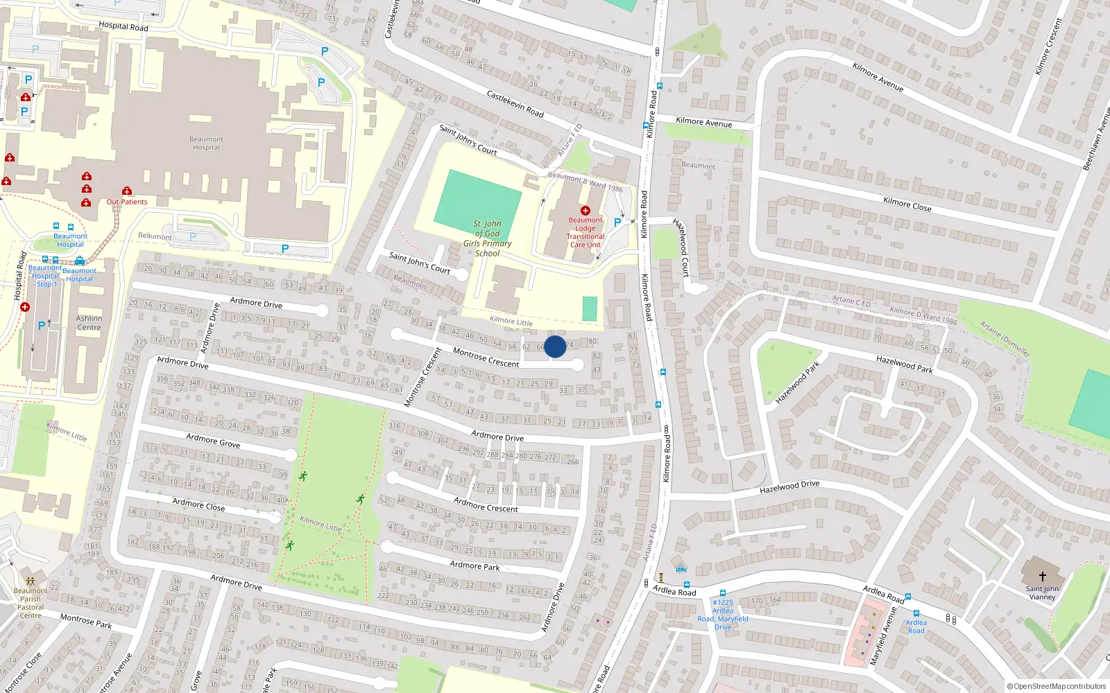 Overhead map showing the location of 70 Montrose Crescent, Dublin 5